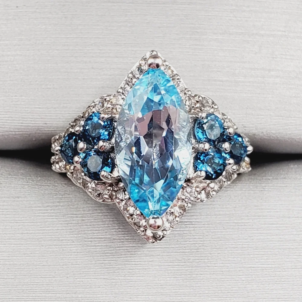 Genuine Marquise Sky, London Blue & White Topaz 925 Sterling Silver Halo Ring